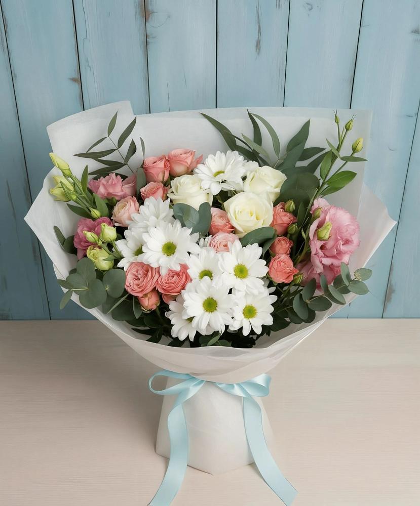 Букет цветов из: Розы, Лизиантусы и Хризантемы в Аннино